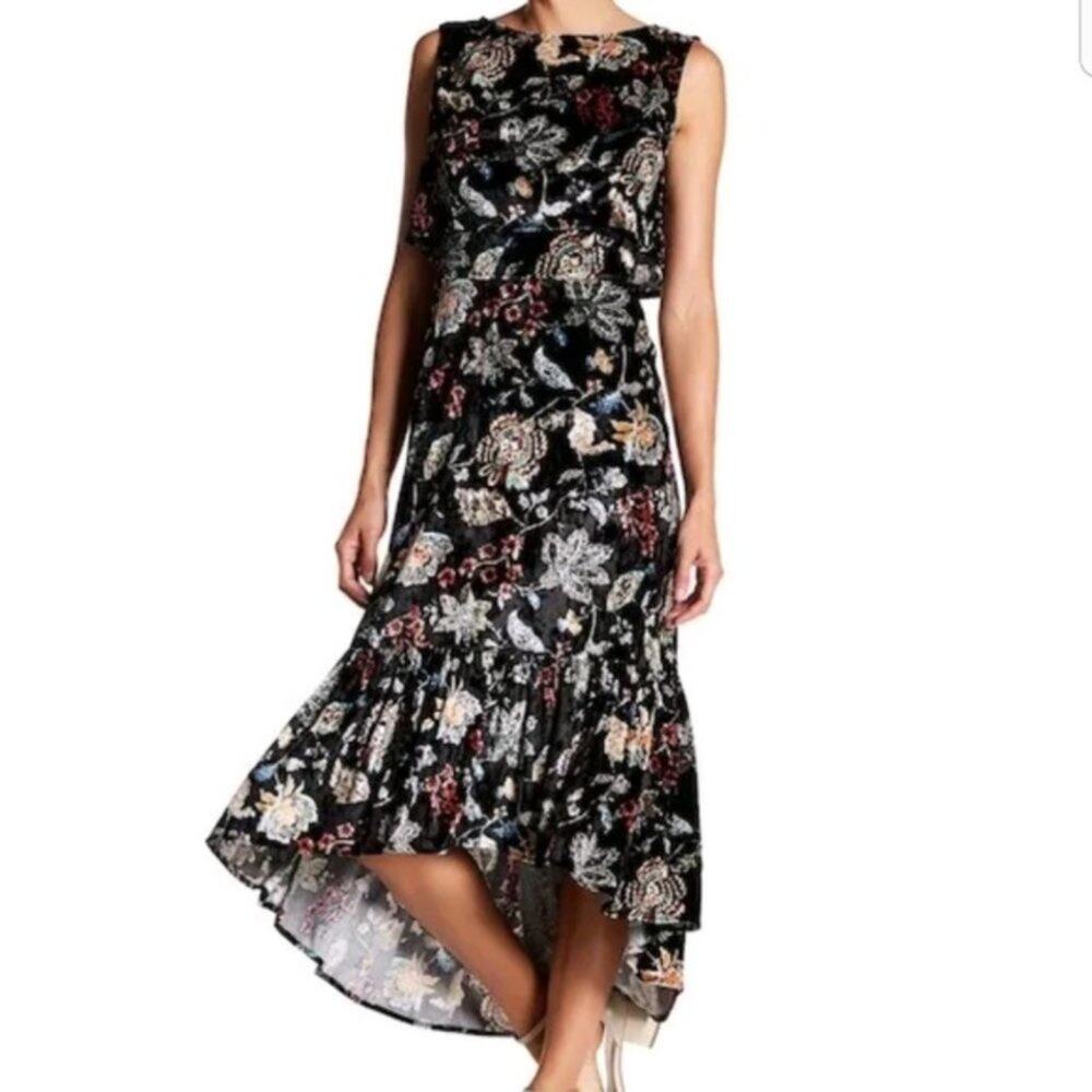 Eva Franco Brie Dress Size 4 Floral Velvet Hi-Low Sleeveless Lined